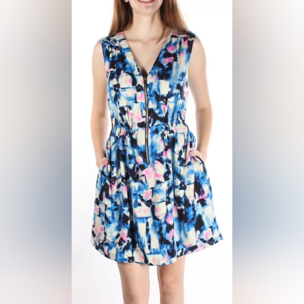RACHEL ROY ~ Blue Print Sleeveless Double V-Neck Casual Dress M NWOT $109
